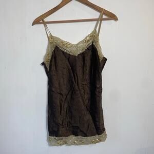 VTG No Boundaries Brown Crinkle Lace Cami Tank Top Jr L 11/13 Y2K Fairy Beaded